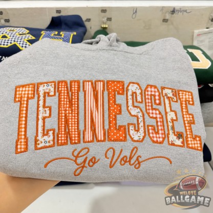 Custom Tennessee Patchwork Fabric Embroidered Sweatshirt Team and School Name Applique Varsity Letters