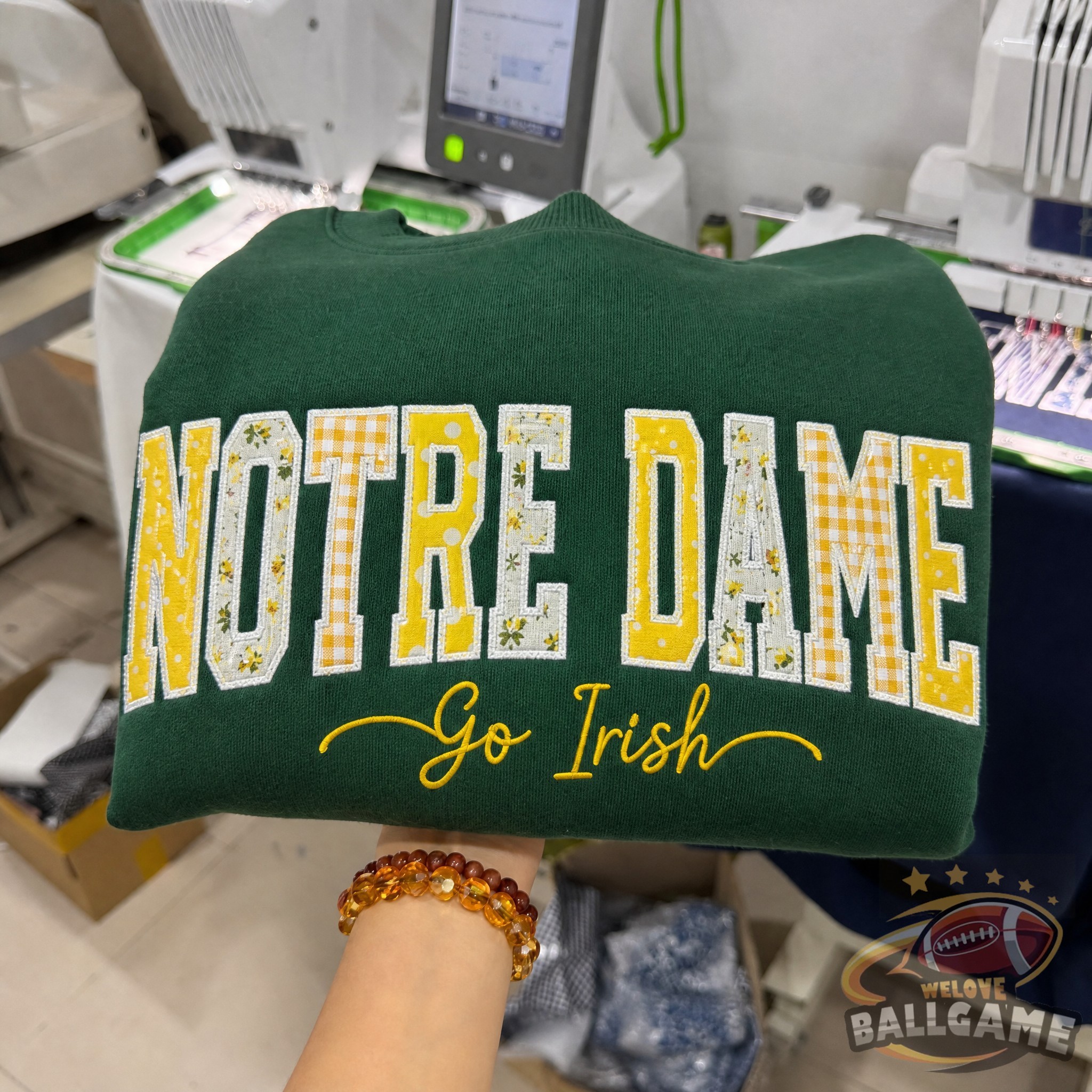 Custom Notre Dame Patchwork Fabric Embroidered Sweatshirt Team and School Name Applique Varsity Letters