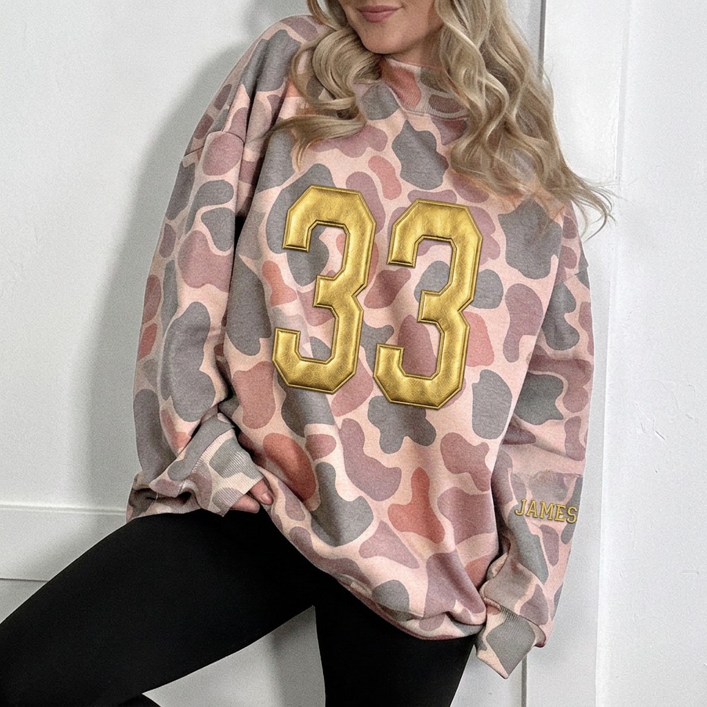 Custom Metallic Puff Number Camo Mock Neck Sweatshirt, Game Day Wear