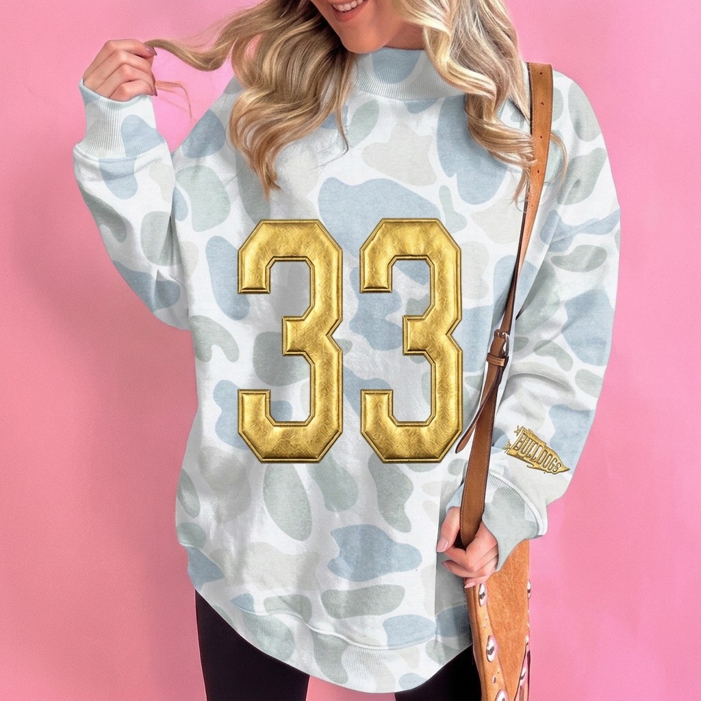 Custom Metallic Puff Number Camo Mock Neck Sweatshirt, Game Day Wear