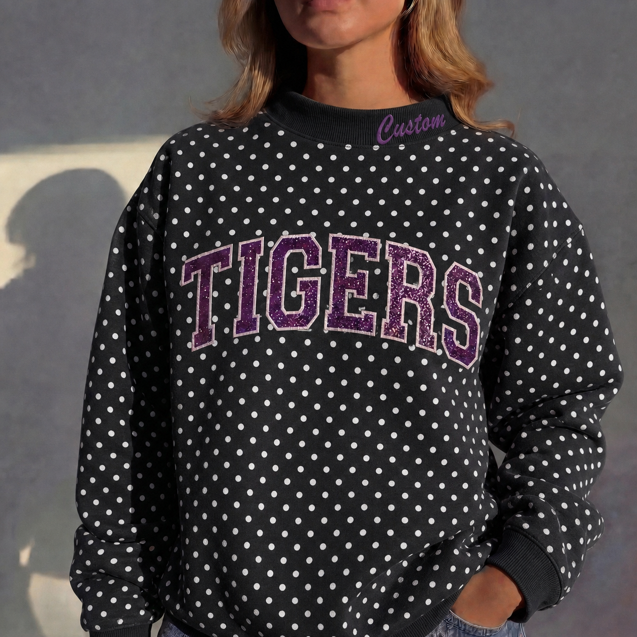 Custom Glitter Team Name Polka Dot Mockneck - Stand-up Collar | Gifts for Sports Mom | Game Day Wear