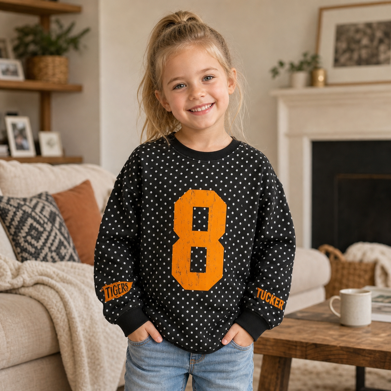 Custom Vintage Varsity Number or Letter Sport Team Kids Polka Dot T-shirt