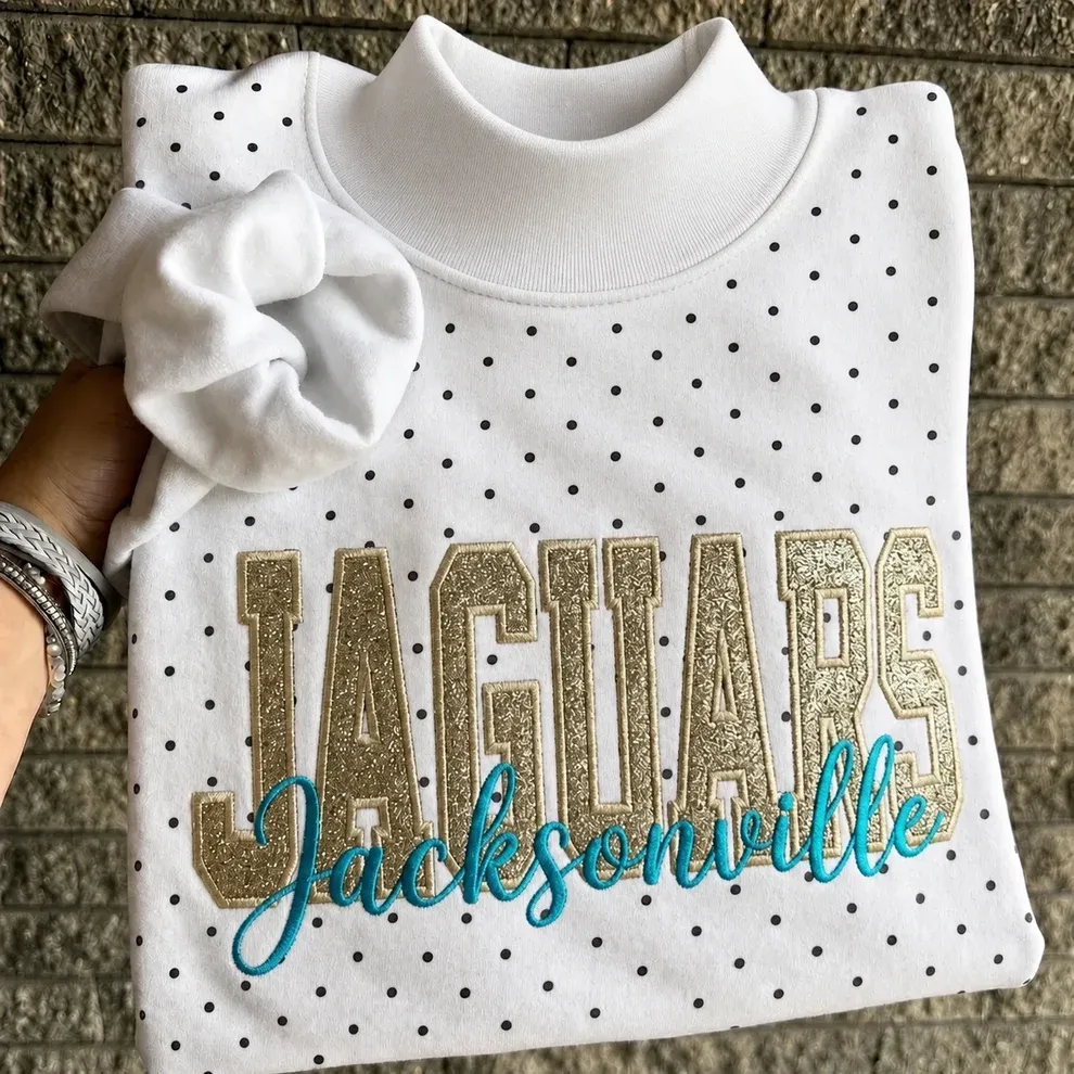 Custom Glitter Embroidered Polka Dot Mockneck Sweatshirt, Personalized Team Game Day Crewneck