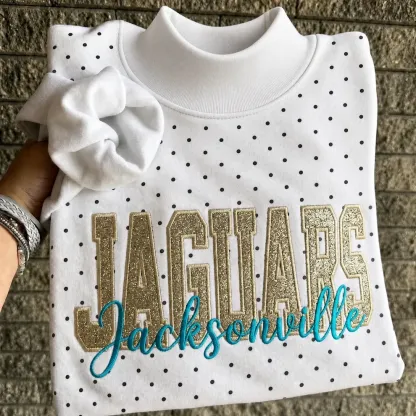Custom Glitter Embroidered Polka Dot Mockneck Sweatshirt, Personalized Team Game Day Crewneck