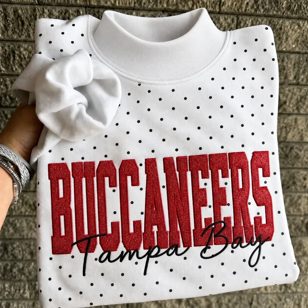 Custom Glitter Embroidered Polka Dot Mockneck Sweatshirt, Personalized Team Game Day Crewneck