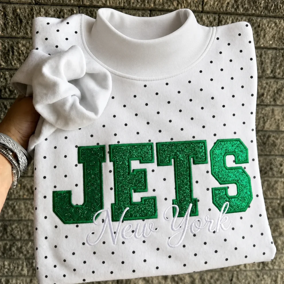 Custom Glitter Embroidered Polka Dot Mockneck Sweatshirt, Personalized Team Game Day Crewneck