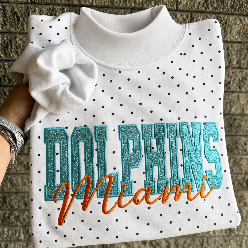 Custom Glitter Embroidered Polka Dot Mockneck Sweatshirt, Personalized Team Game Day Crewneck
