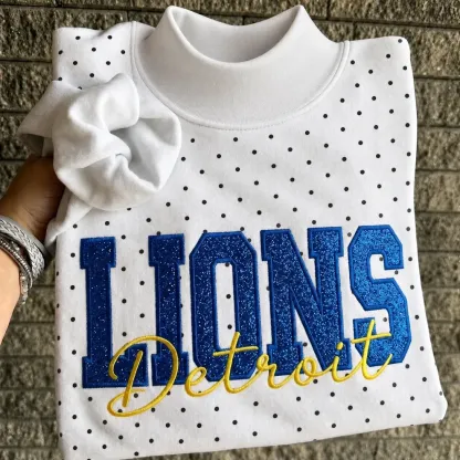 Custom Glitter Embroidered Polka Dot Mockneck Sweatshirt, Personalized Team Game Day Crewneck