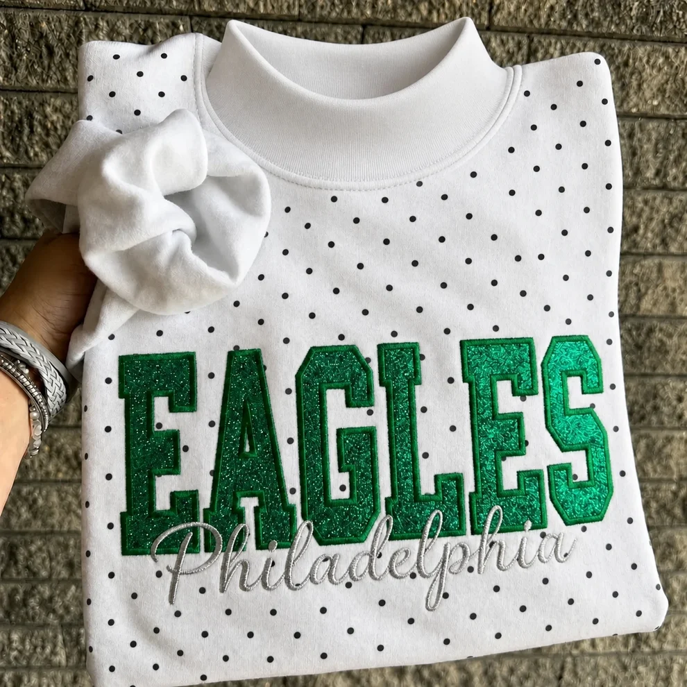 Custom Glitter Embroidered Polka Dot Mockneck Sweatshirt, Personalized Team Game Day Crewneck