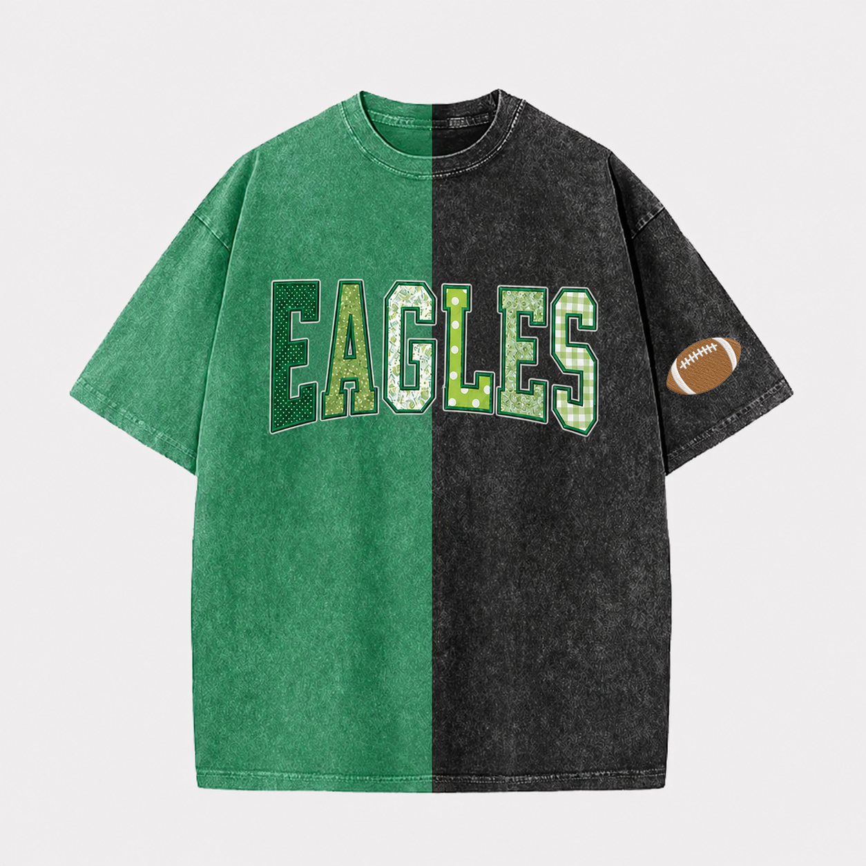 Custom Patchwork Fabric Embroidered Two Tone Vintage Washed T-Shirt For Game Day