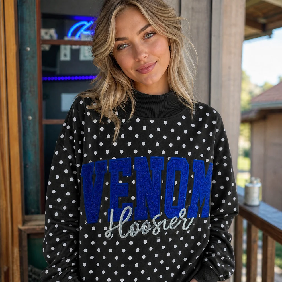 Custom Glitter Embroidered Polka Dot Mockneck Sweatshirt, Personalized Team Game Day Crewneck