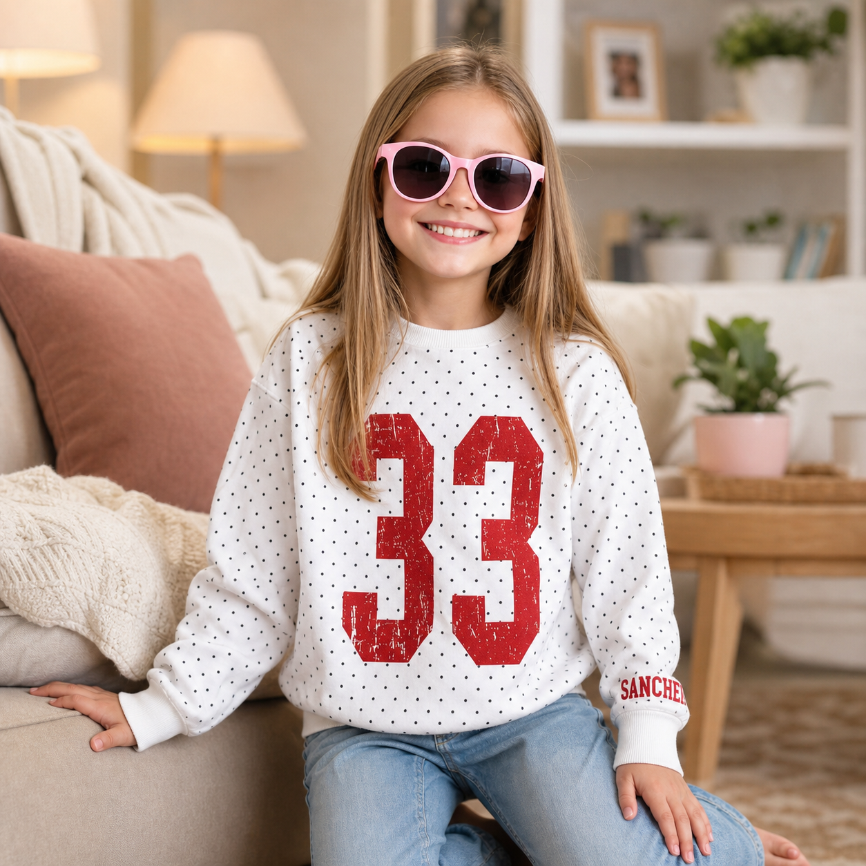 Custom Vintage Varsity Number or Letter Sport Team Kids Polka Dot T-shirt