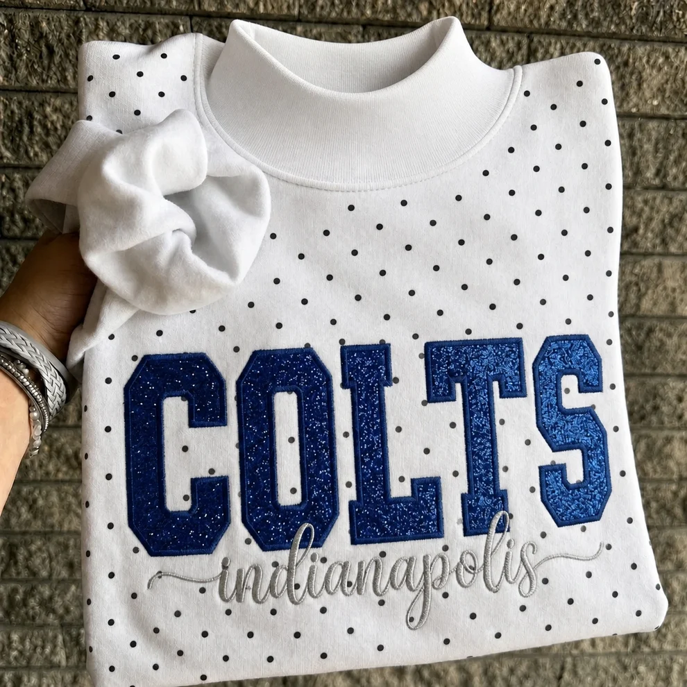 Custom Glitter Embroidered Polka Dot Mockneck Sweatshirt, Personalized Team Game Day Crewneck