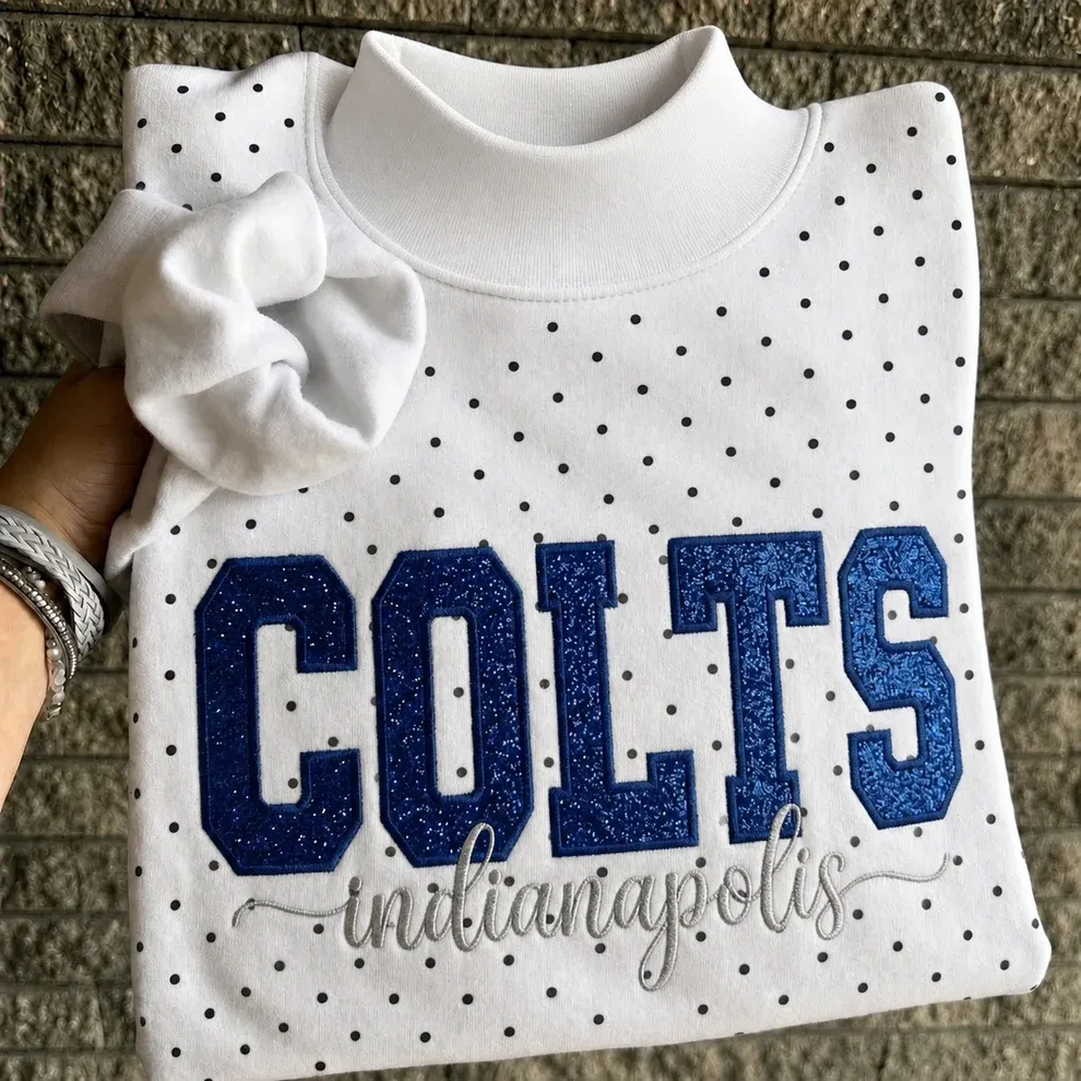 Custom Glitter Embroidered Polka Dot Mockneck Sweatshirt, Personalized Team Game Day Crewneck