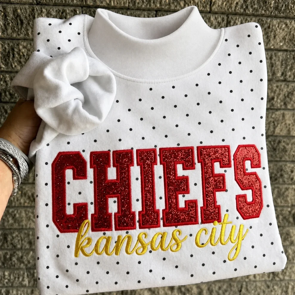 Custom Glitter Embroidered Polka Dot Mockneck Sweatshirt, Personalized Team Game Day Crewneck