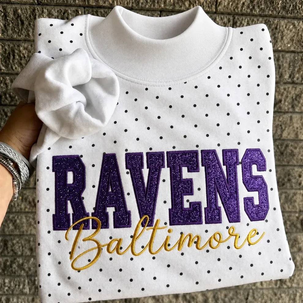 Custom Glitter Embroidered Polka Dot Mockneck Sweatshirt, Personalized Team Game Day Crewneck