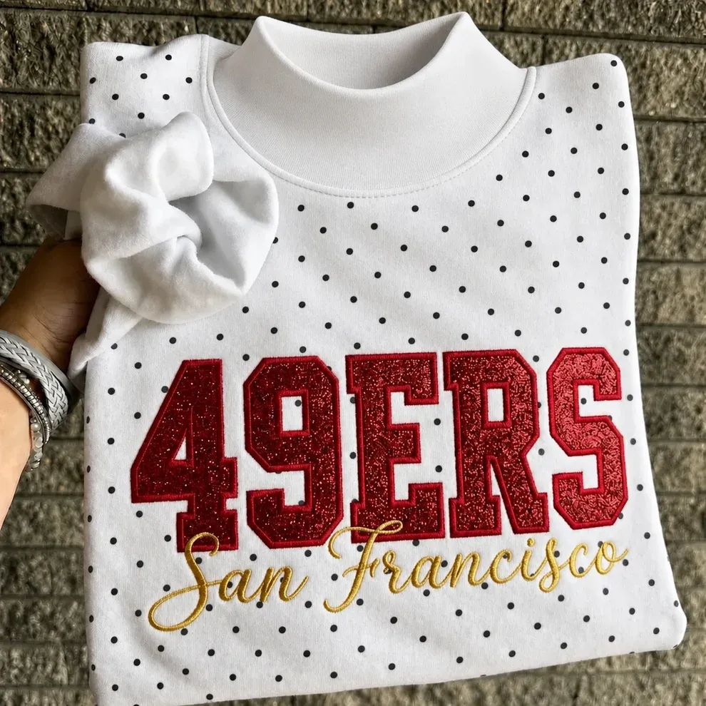 Custom Glitter Embroidered Polka Dot Mockneck Sweatshirt, Personalized Team Game Day Crewneck