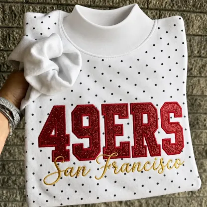 Custom Glitter Embroidered Polka Dot Mockneck Sweatshirt, Personalized Team Game Day Crewneck
