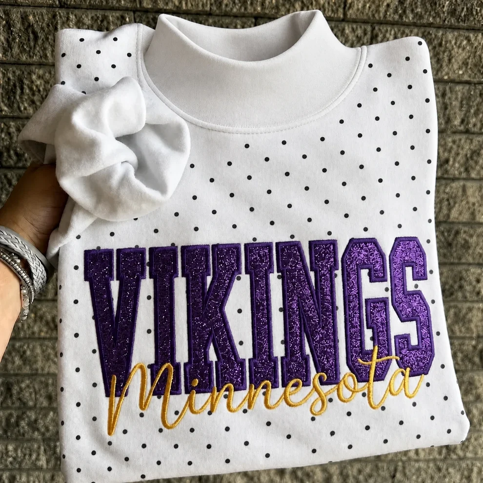 Custom Glitter Embroidered Polka Dot Mockneck Sweatshirt, Personalized Team Game Day Crewneck