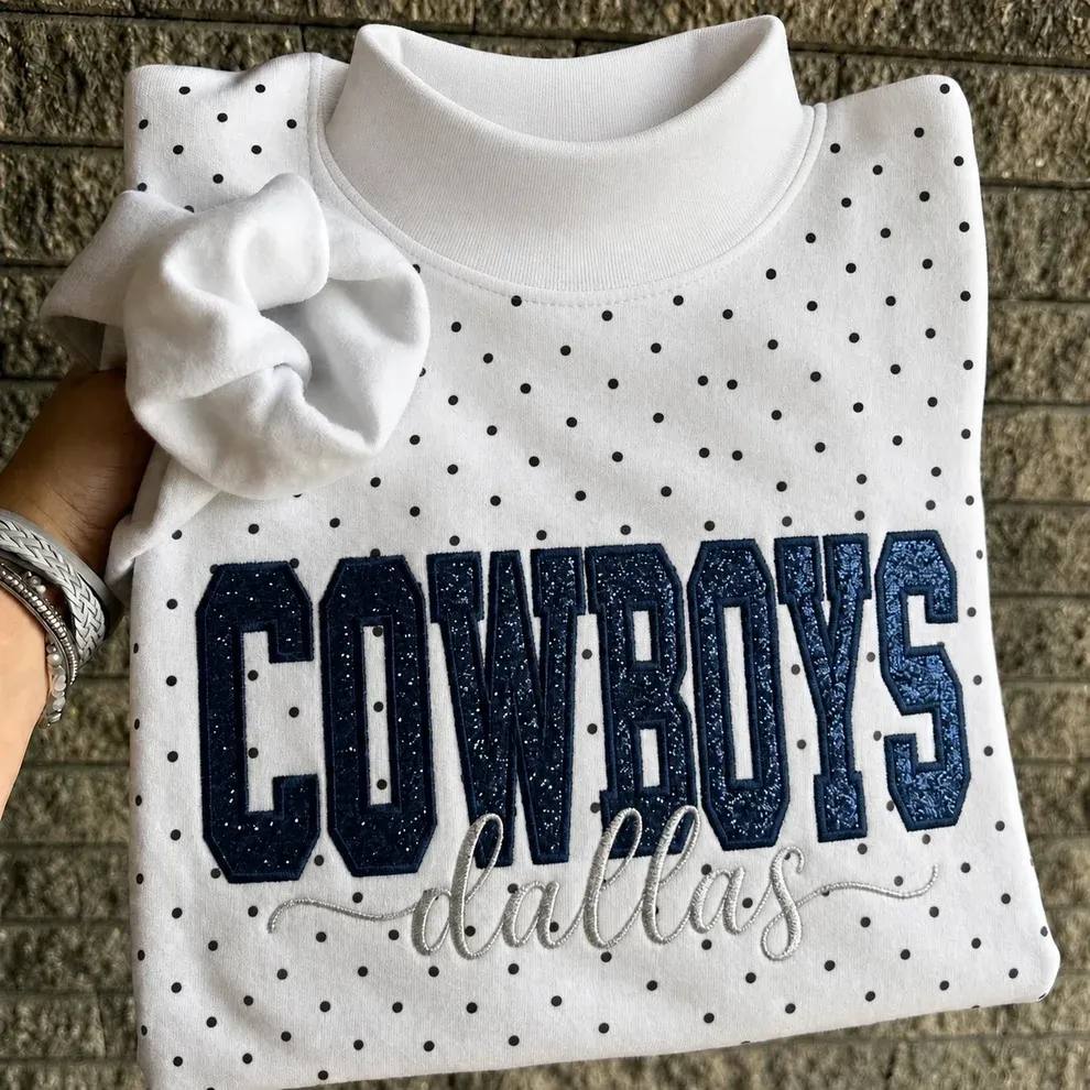 Custom Glitter Embroidered Polka Dot Mockneck Sweatshirt, Personalized Team Game Day Crewneck