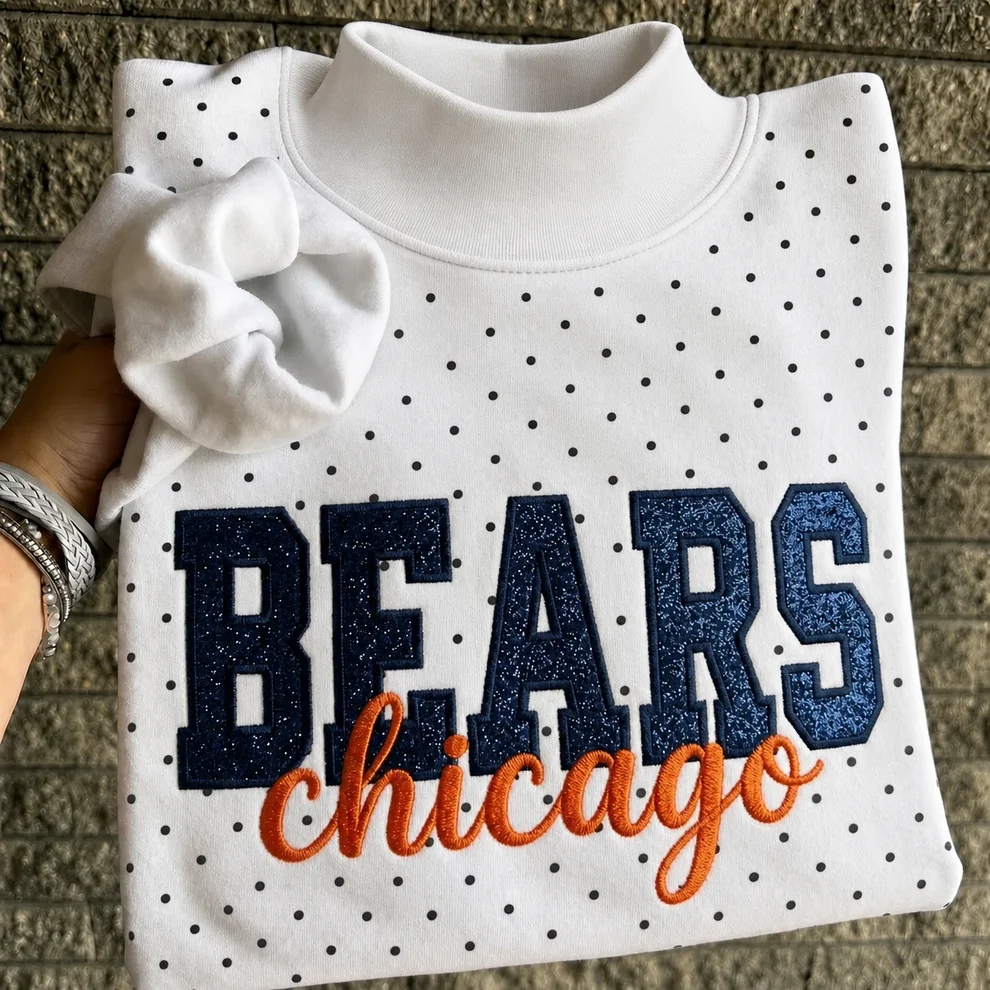 Custom Glitter Embroidered Polka Dot Mockneck Sweatshirt, Personalized Team Game Day Crewneck