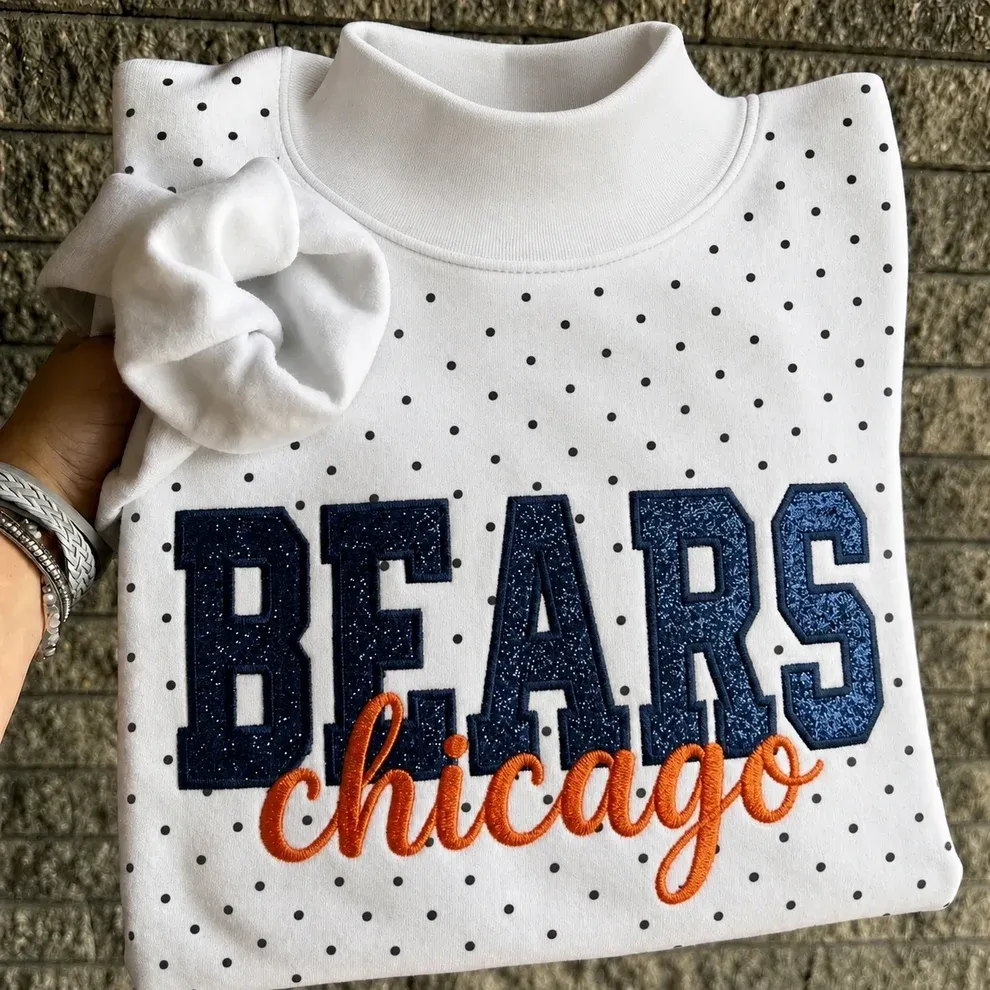 Custom Glitter Embroidered Polka Dot Mockneck Sweatshirt, Personalized Team Game Day Crewneck
