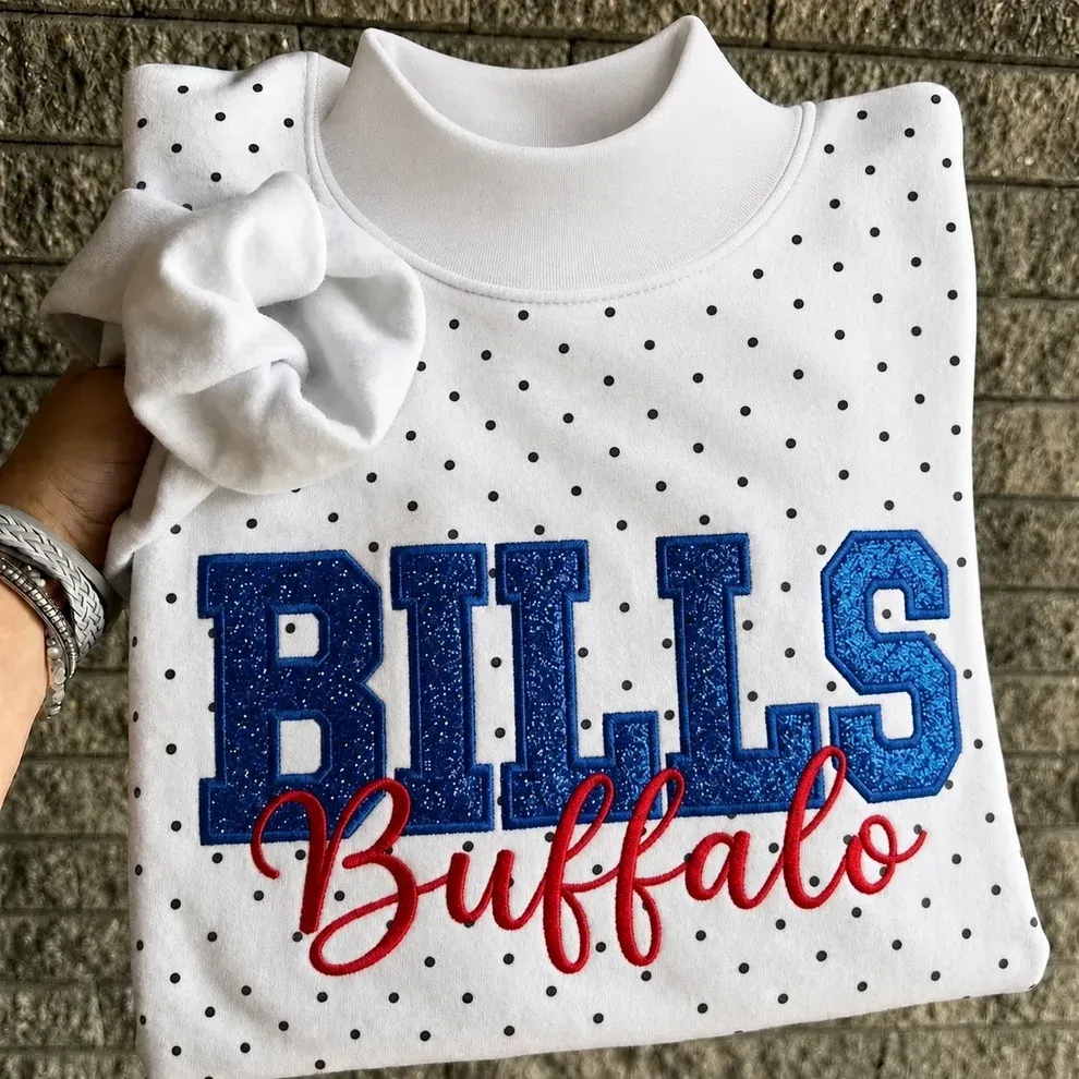 Custom Glitter Embroidered Polka Dot Mockneck Sweatshirt, Personalized Team Game Day Crewneck