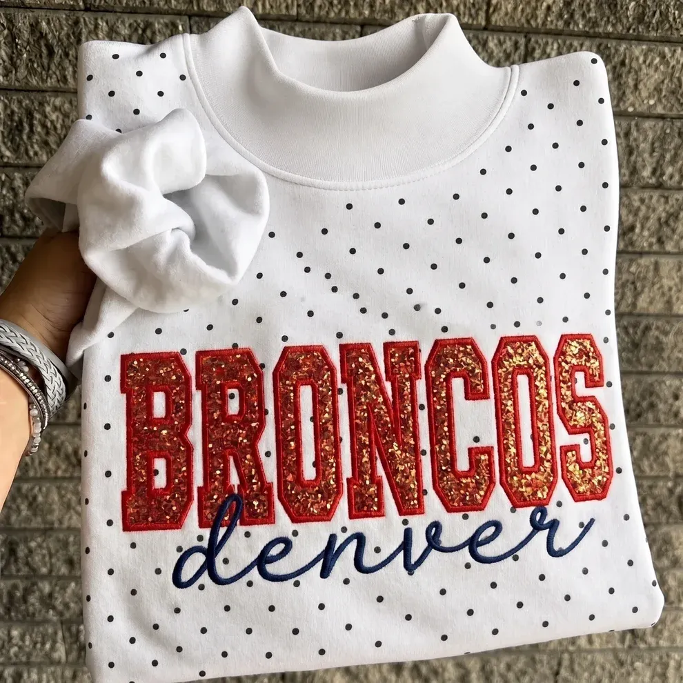 Custom Glitter Embroidered Polka Dot Mockneck Sweatshirt, Personalized Team Game Day Crewneck
