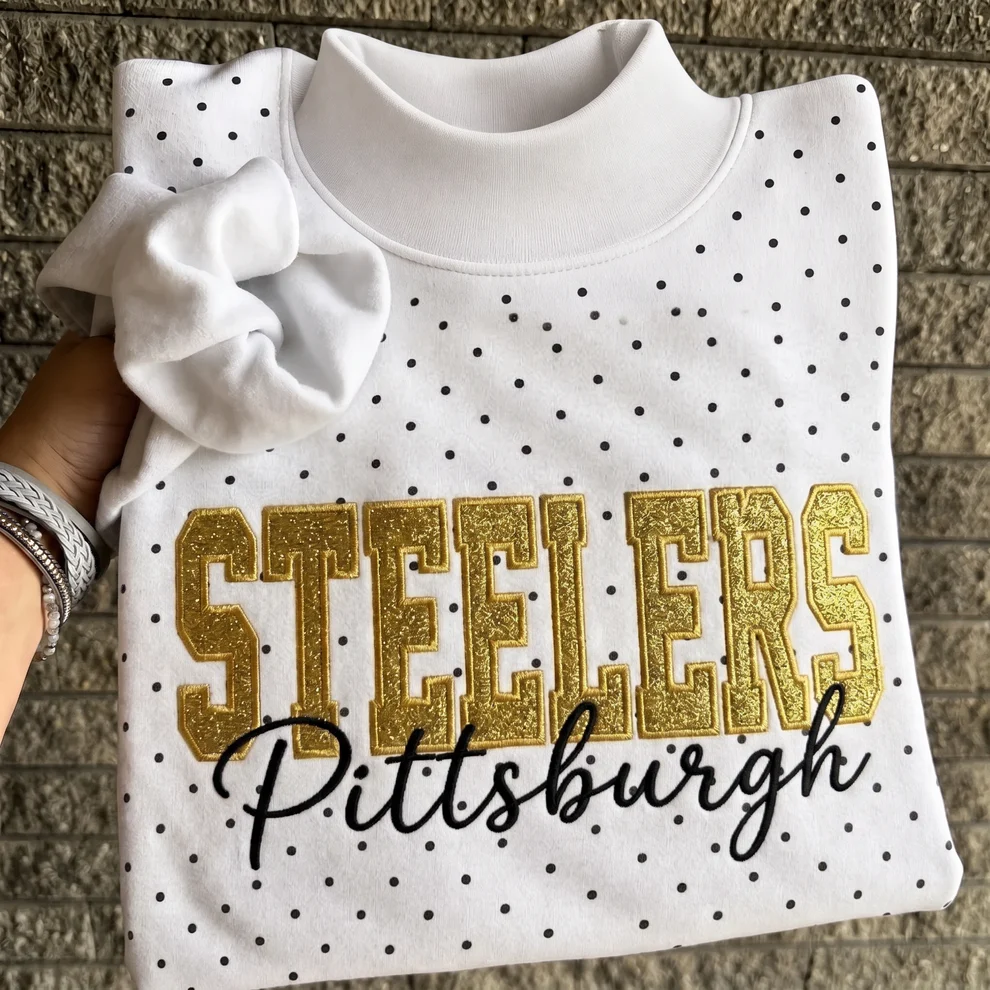 Custom Glitter Embroidered Polka Dot Mockneck Sweatshirt, Personalized Team Game Day Crewneck