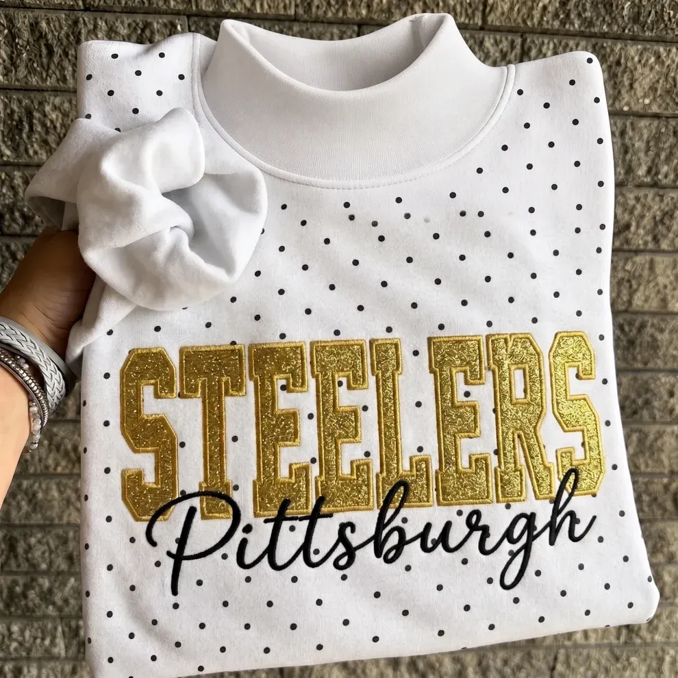 Custom Glitter Embroidered Polka Dot Mockneck Sweatshirt, Personalized Team Game Day Crewneck