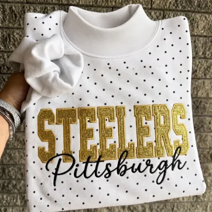 Custom Glitter Embroidered Polka Dot Mockneck Sweatshirt, Personalized Team Game Day Crewneck