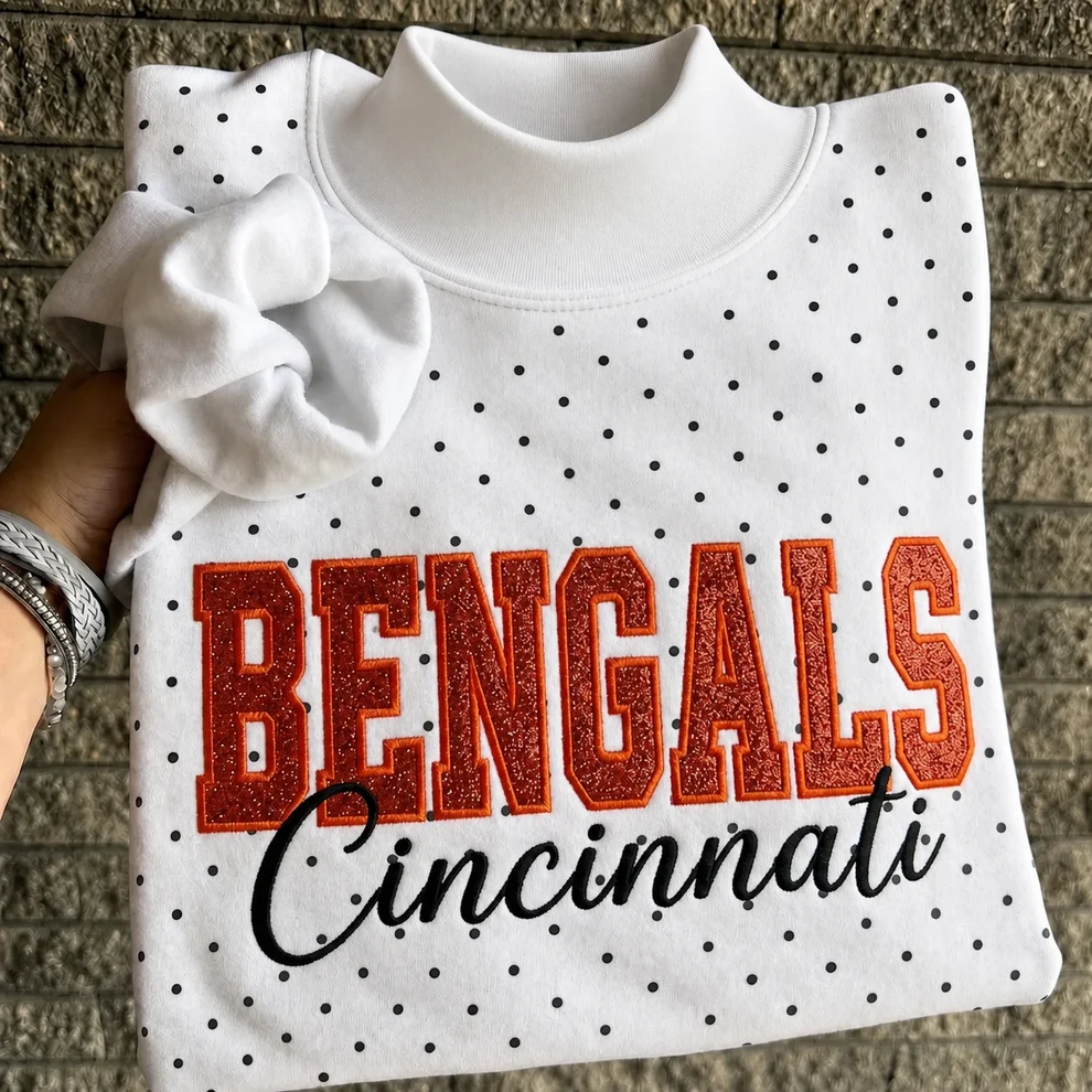 Custom Glitter Embroidered Polka Dot Mockneck Sweatshirt, Personalized Team Game Day Crewneck