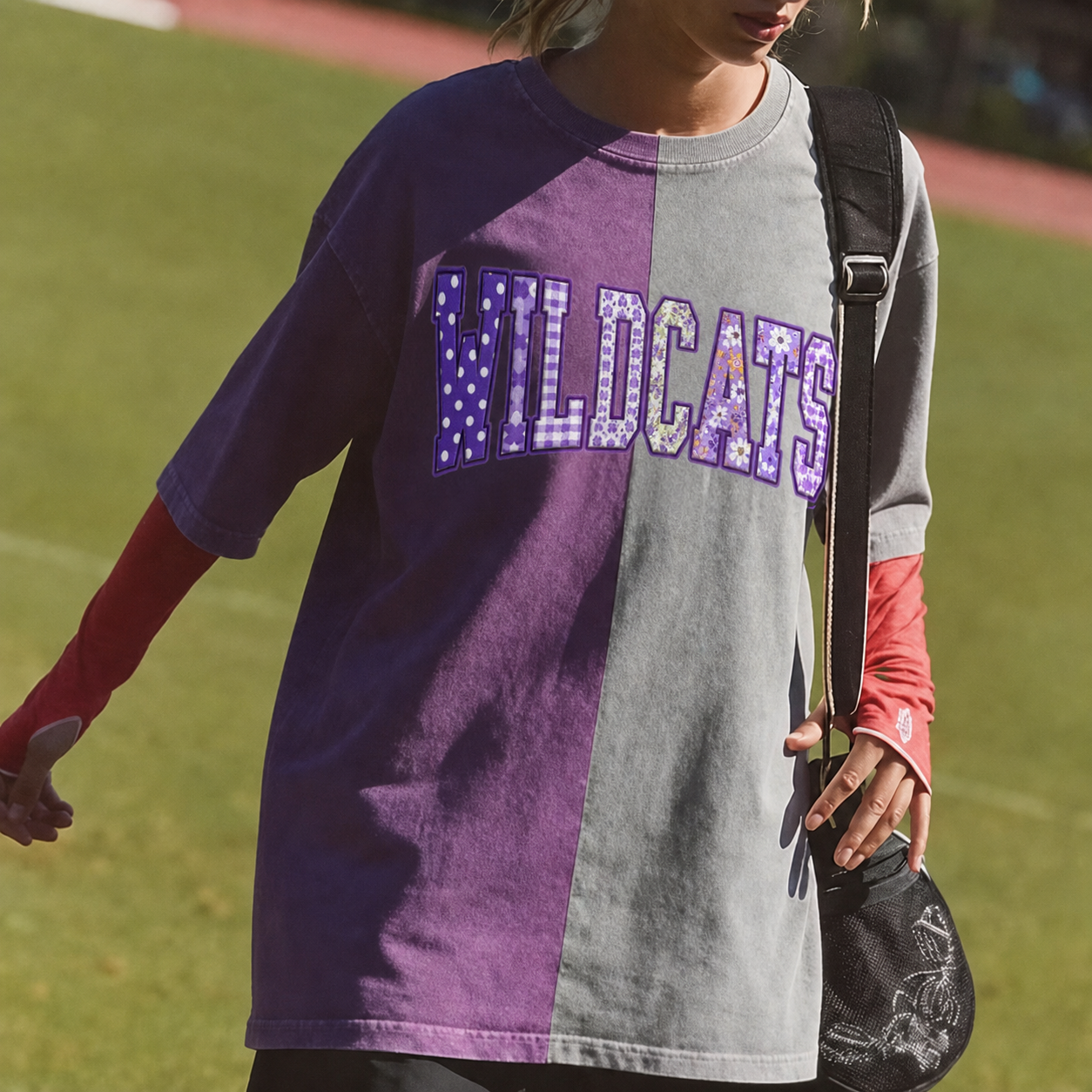 Custom Patchwork Fabric Embroidered Two Tone Vintage Washed T-Shirt For Game Day