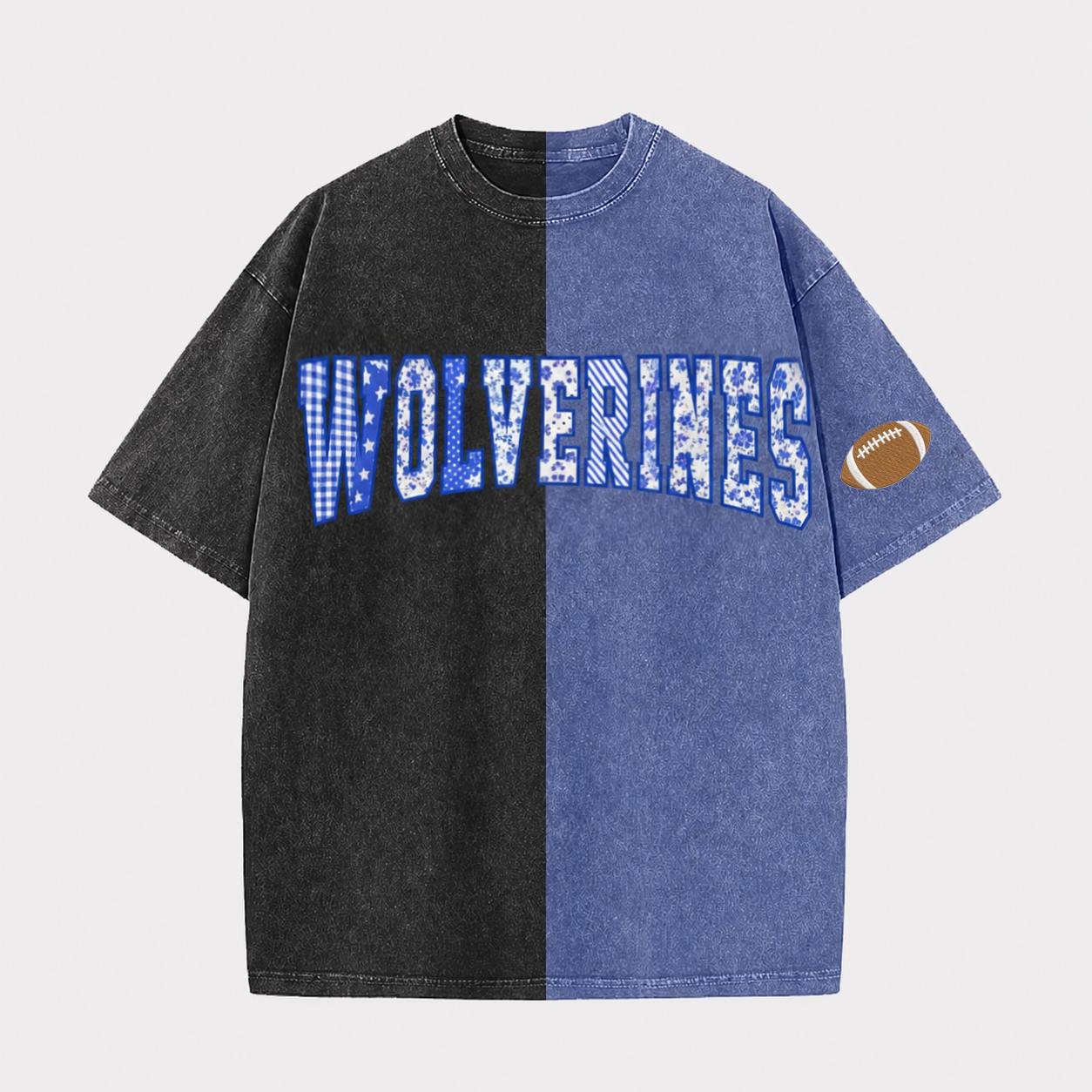 Custom Patchwork Fabric Embroidered Two Tone Vintage Washed T-Shirt For Game Day