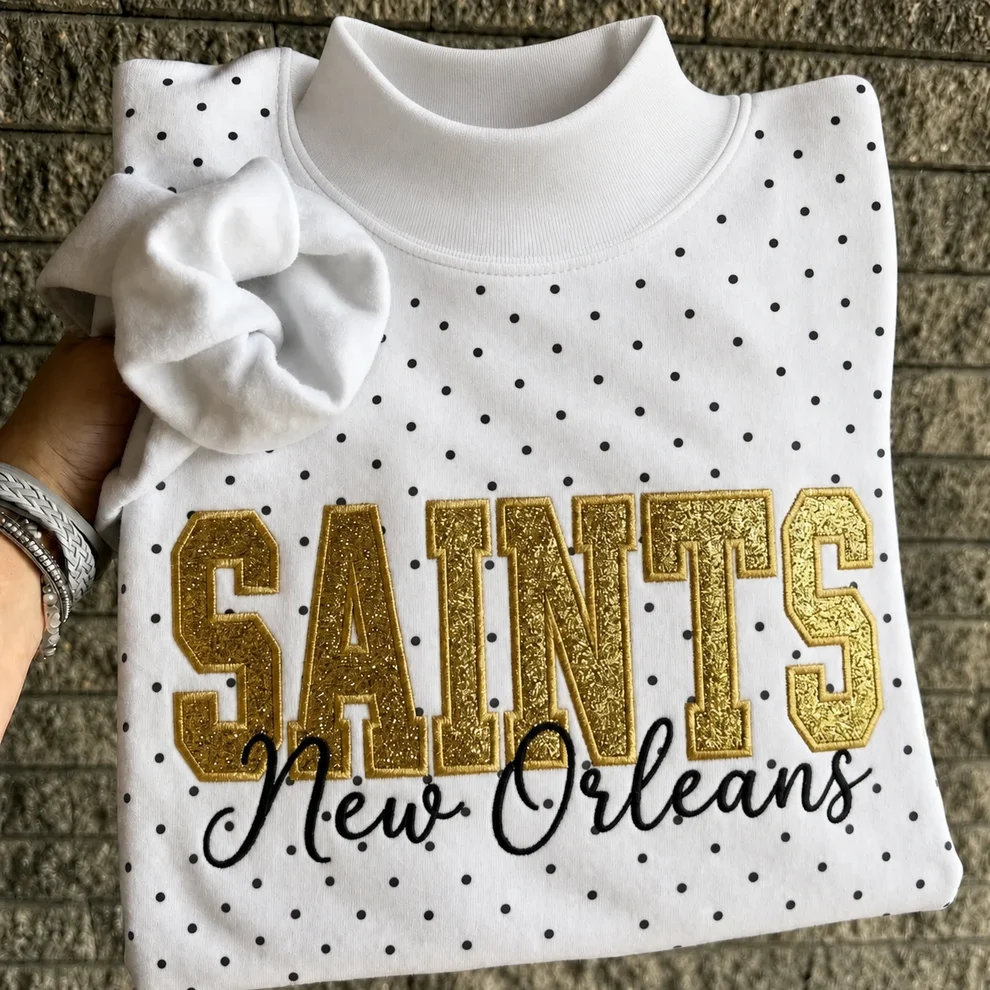 Custom Glitter Embroidered Polka Dot Mockneck Sweatshirt, Personalized Team Game Day Crewneck