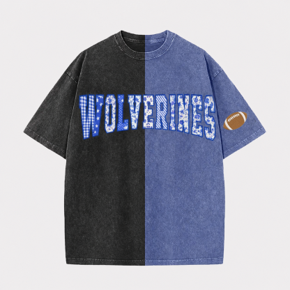 Custom Patchwork Fabric Embroidered Two Tone Vintage Washed T-Shirt For Game Day