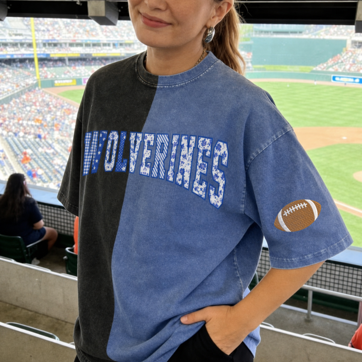 Custom Patchwork Fabric Embroidered Two Tone Vintage Washed T-Shirt For Game Day