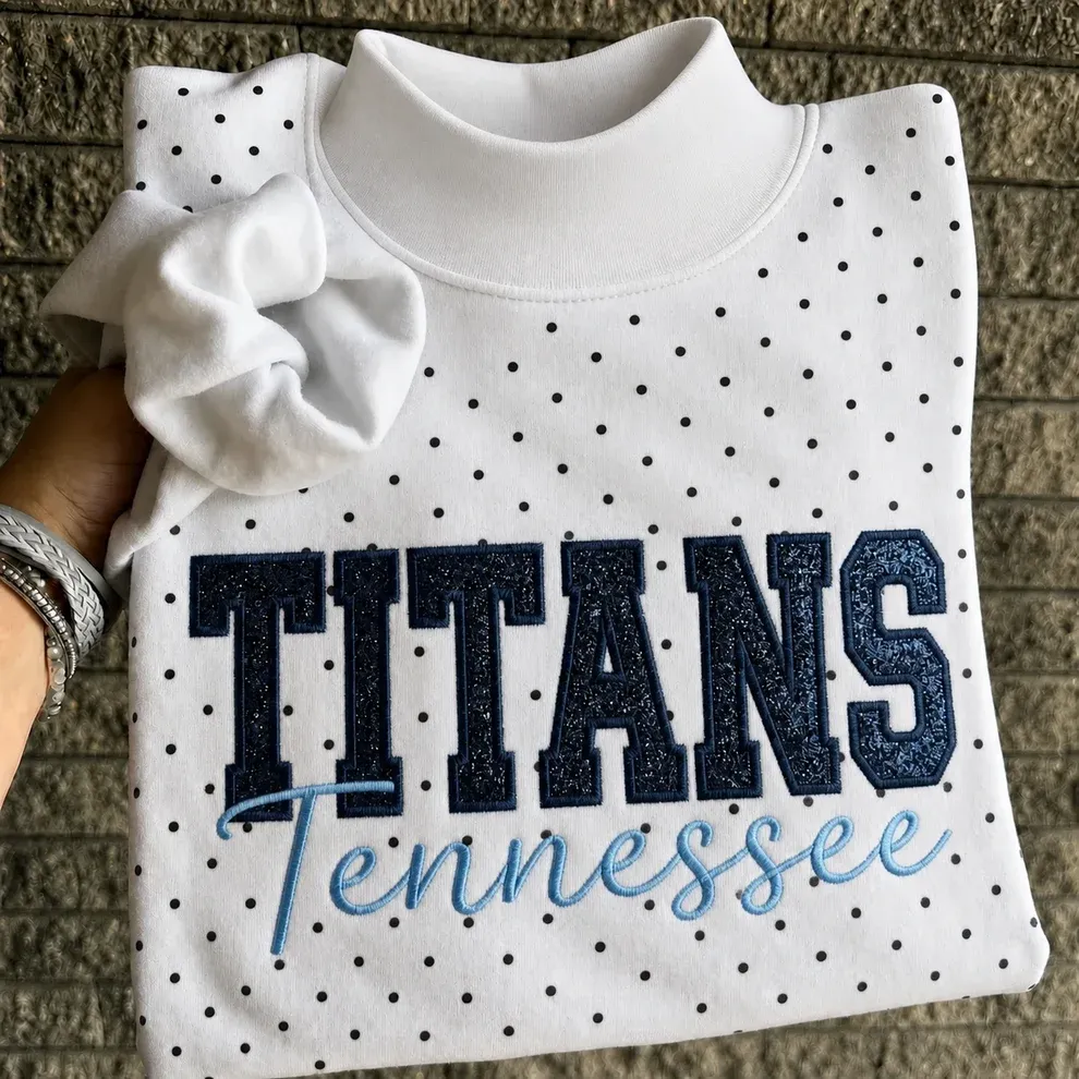 Custom Glitter Embroidered Polka Dot Mockneck Sweatshirt, Personalized Team Game Day Crewneck