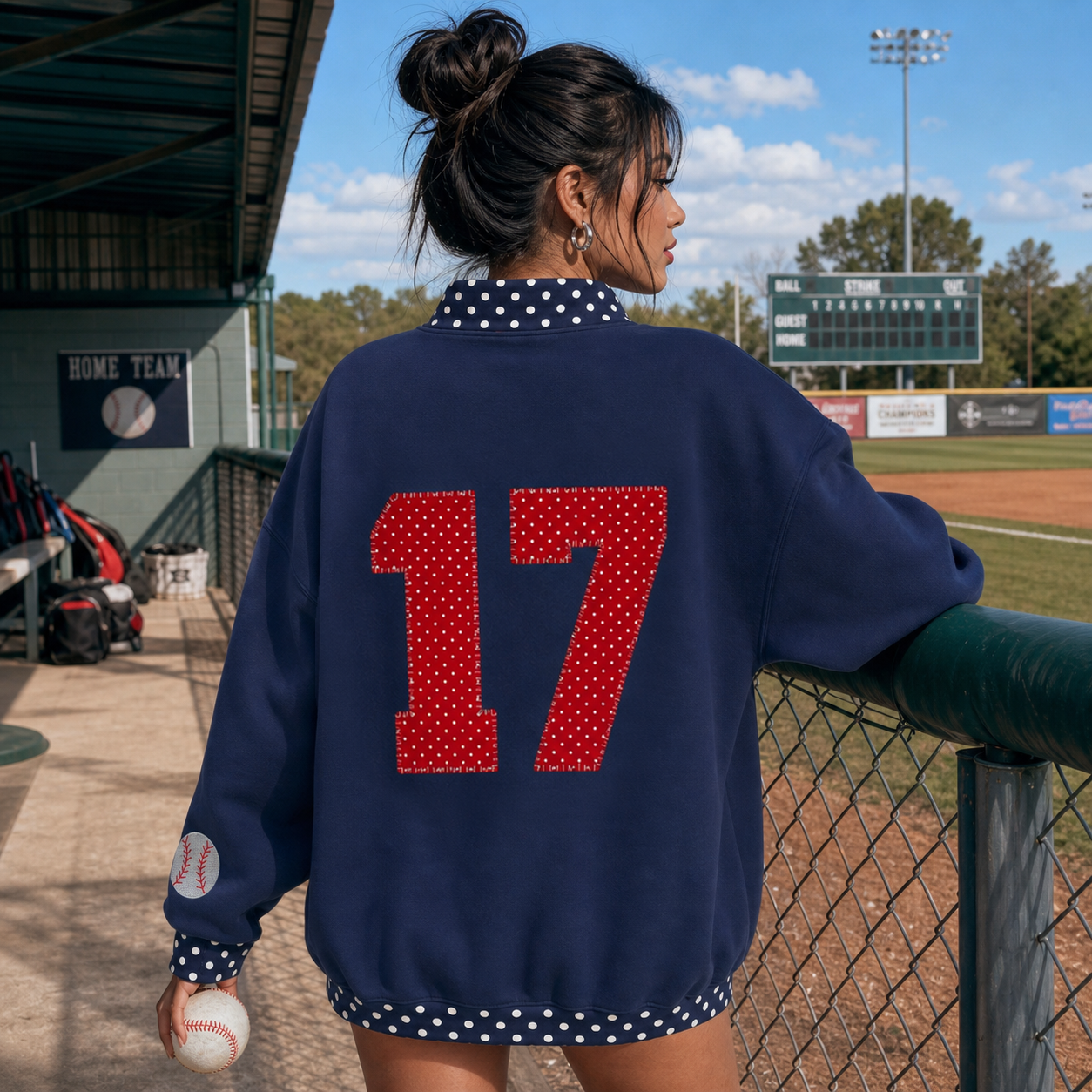Custom Polka Dot Number Baseball Patchwork Polka Dot Check MockNeck Pullover 
