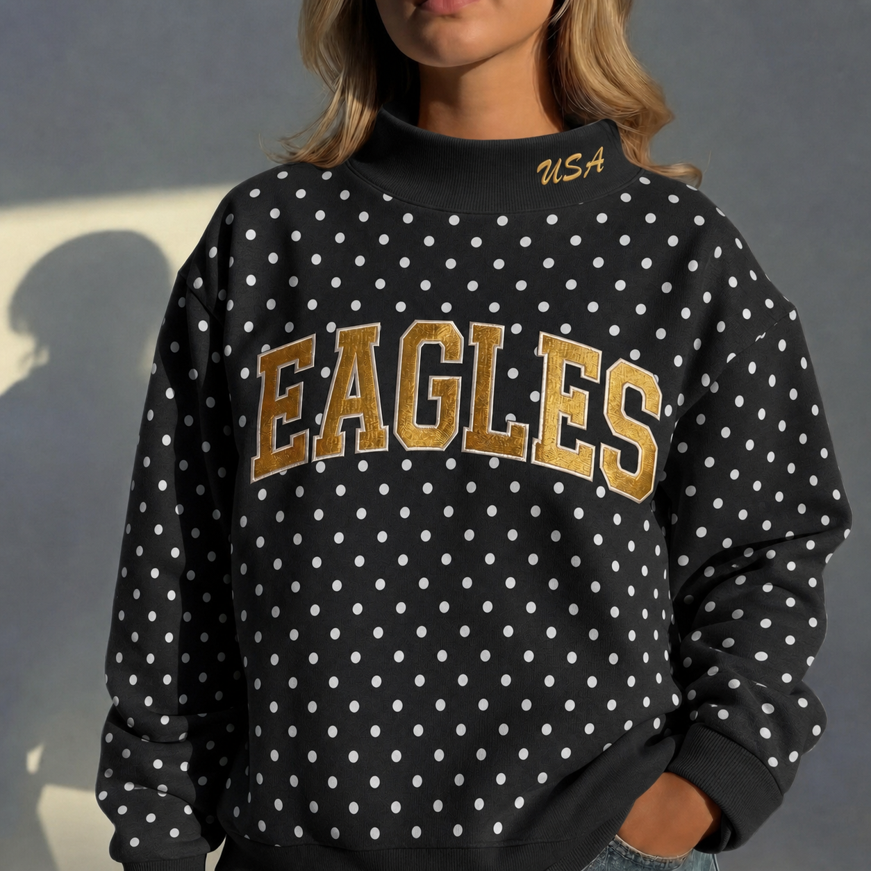 Custom Mockneck Embroidered Team Name Polka Dot Sweatshirt – Stand-up Collar | Game Day Wear