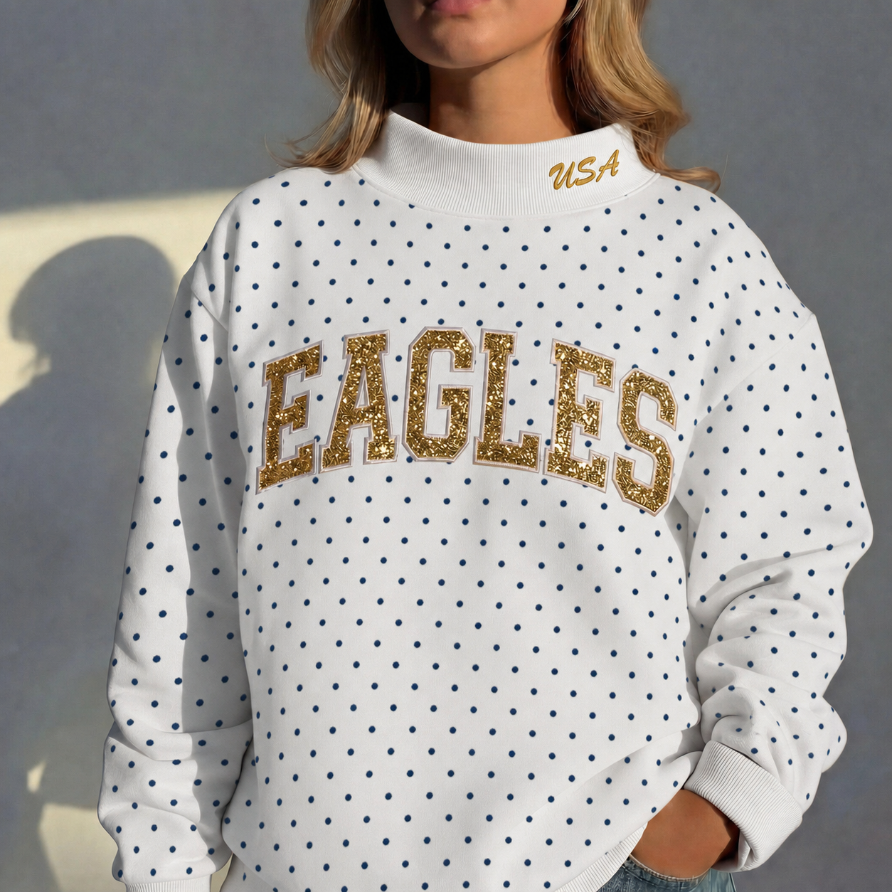 Custom Glitter Team Name Polka Dot Mockneck - Stand-up Collar | Gifts for Sports Mom | Game Day Wear