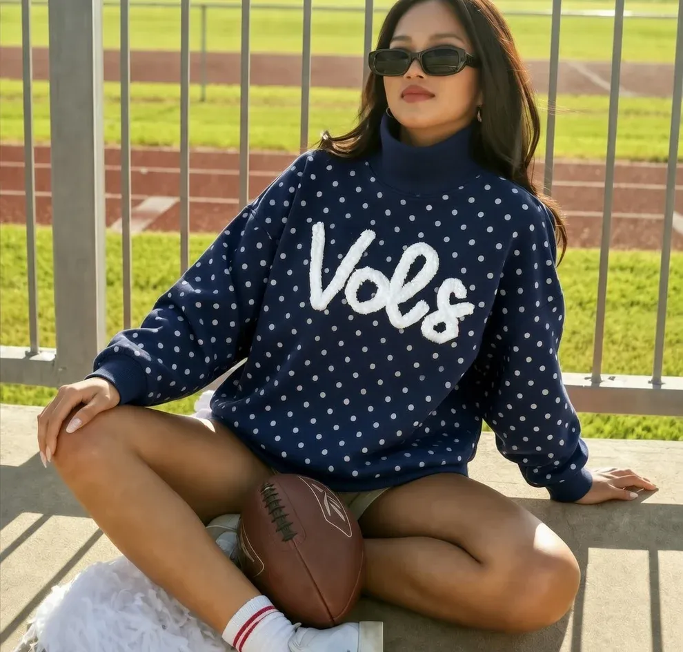 Custom College Chenille Team Name Embroidered Polka Dot Mockneck Game Day Wear