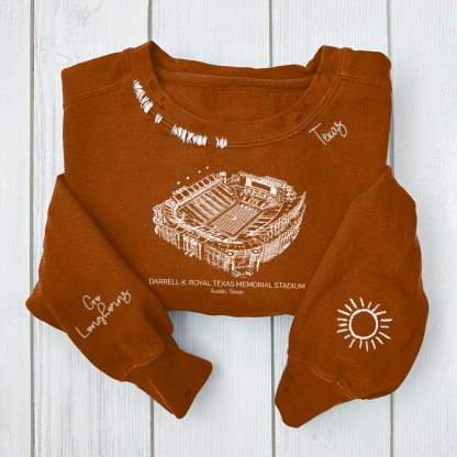 Darrell K Royal–Texas Memorial Stadium Unisex Distressed Monogram Collar Sleeve Embroidery Chain Stitch Sweatshirt 