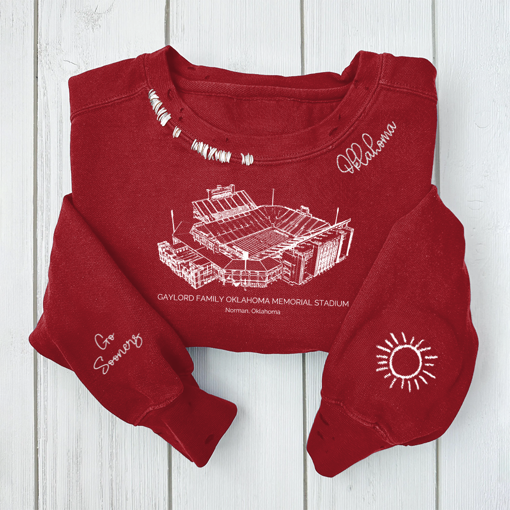 Gaylord Family Oklahoma Memorial Stadium Unisex Distressed Monogram Collar Sleeve Embroidery Chain Stitch Sweatshirt 