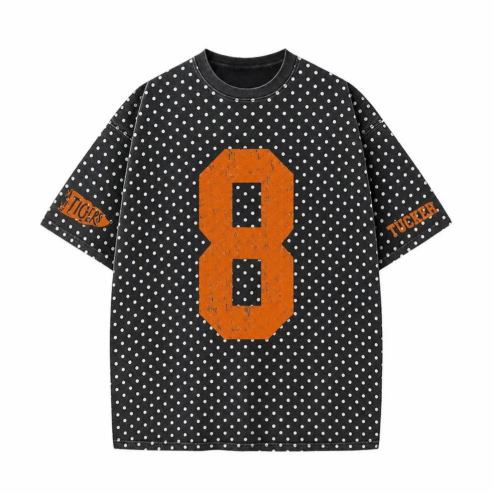 Custom Vintage Varsity Number or Letter Polka Dot Washed T-Shirt, Personalized Team Name Game Day Tee