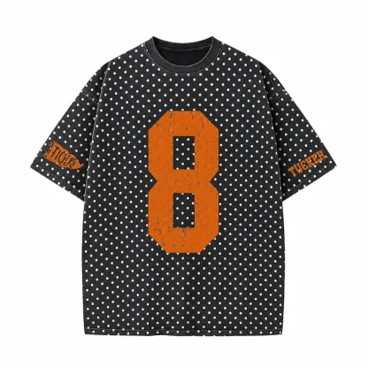 Custom Vintage Varsity Number or Letter Polka Dot Washed T-Shirt, Personalized Team Name Game Day Tee