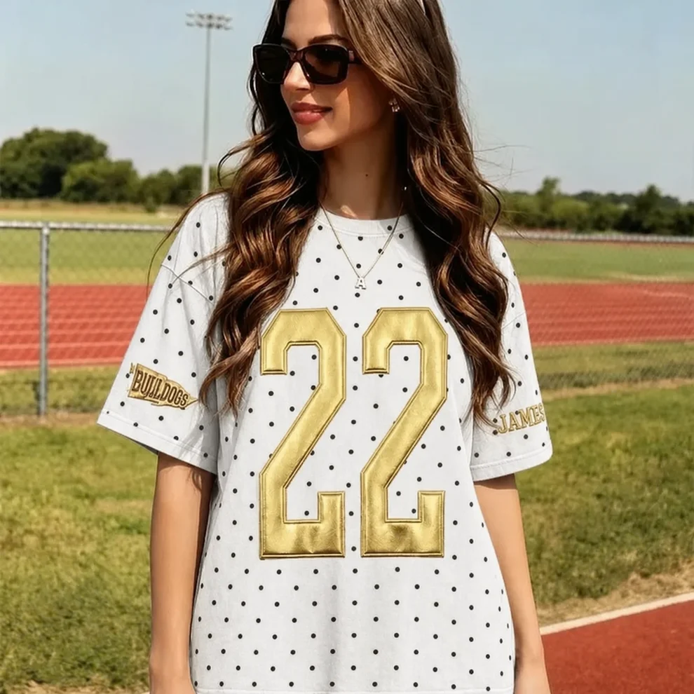 Custom Metallic Puff Number Polka Dot T-Shirt, Personalized Team Name Game Day Tee