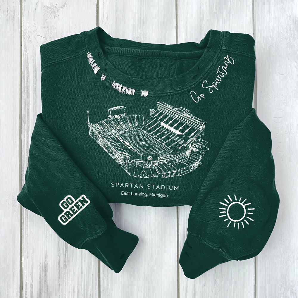 Spartan Stadium - Michigan State Spartans football Unisex Distressed Monogram Collar Sleeve Embroidery Chain Stitch Sweatshirt