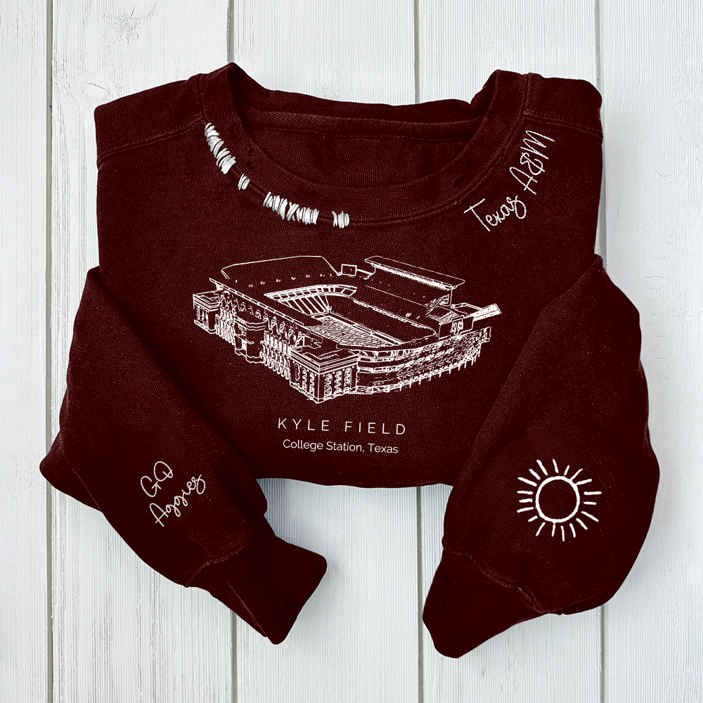 Kyle Field - Texas A&M Aggies football Unisex Distressed Monogram Collar Sleeve Embroidery Chain Stitch Sweatshirt