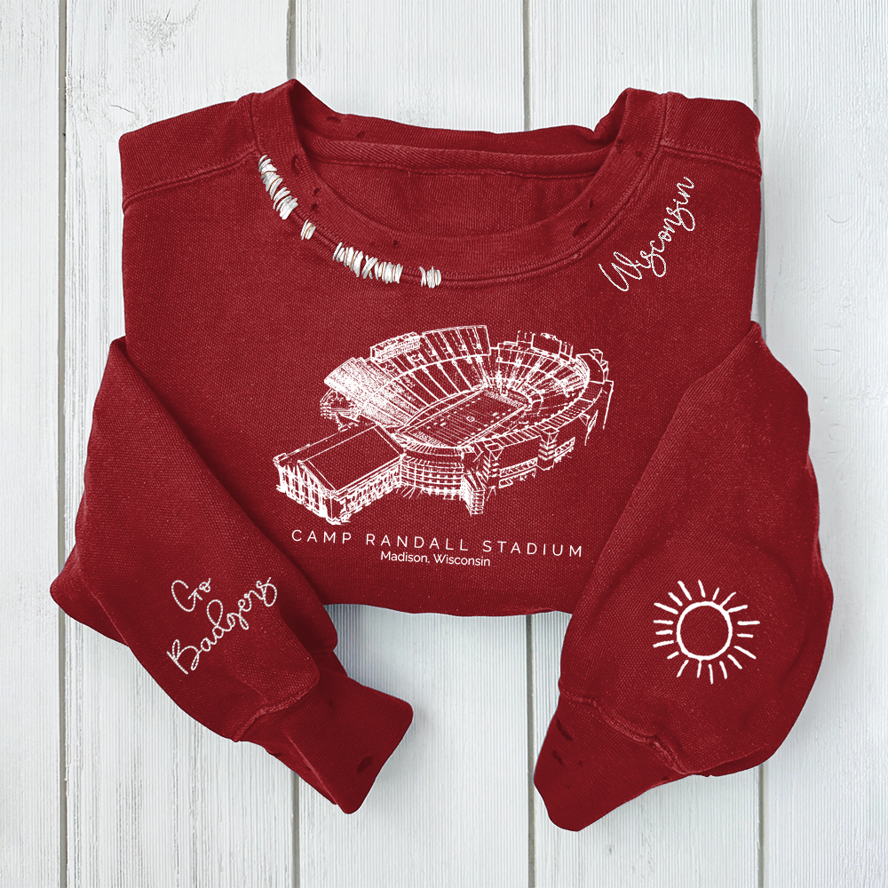 Camp Randall Stadium - Wisconsin Badgers football Unisex Distressed Monogram Collar Sleeve Embroidery Chain Stitch Sweatshirt